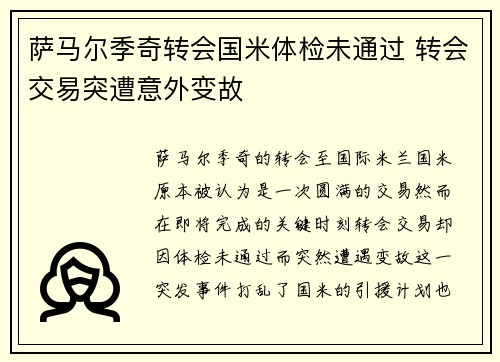 萨马尔季奇转会国米体检未通过 转会交易突遭意外变故